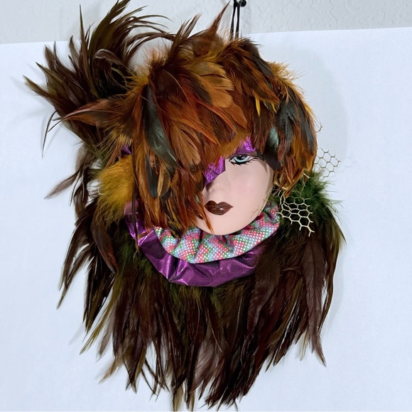 Unique Creations Inspired Porcelain Feathered Mask Lady Face Mardigra Wall Decor - Picture 1 of 13